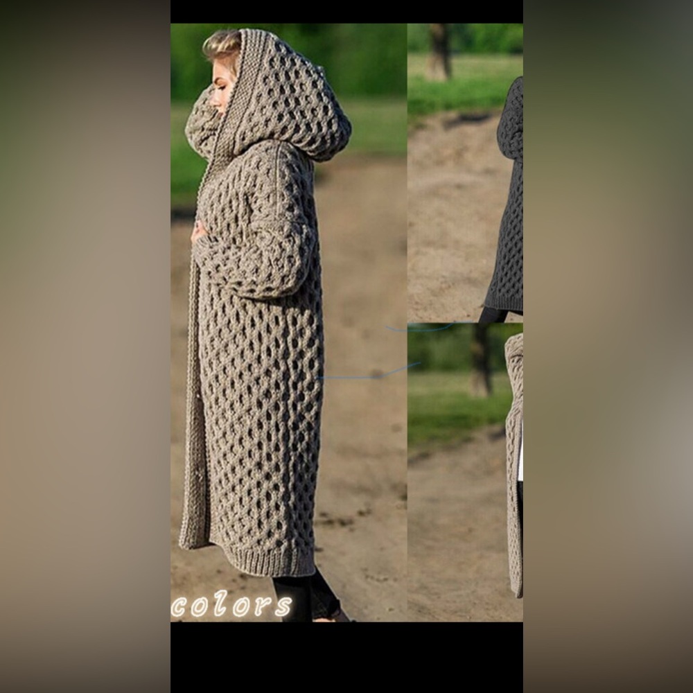 Knitted long cardigan sweater w/ hoodie